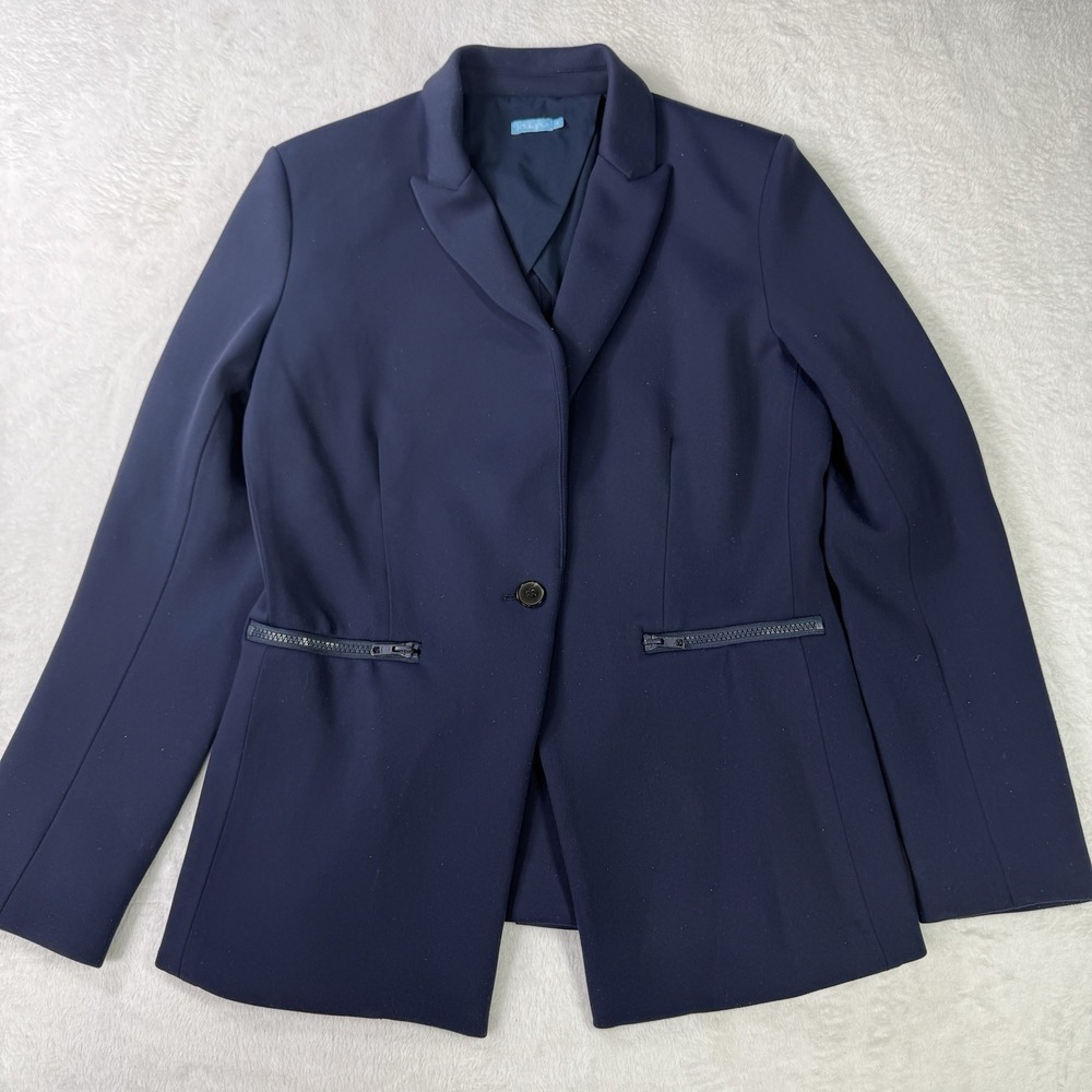 J. McLaughlin Scuba Knit Navy Blue Blazer Women's 10 Career On Button Office